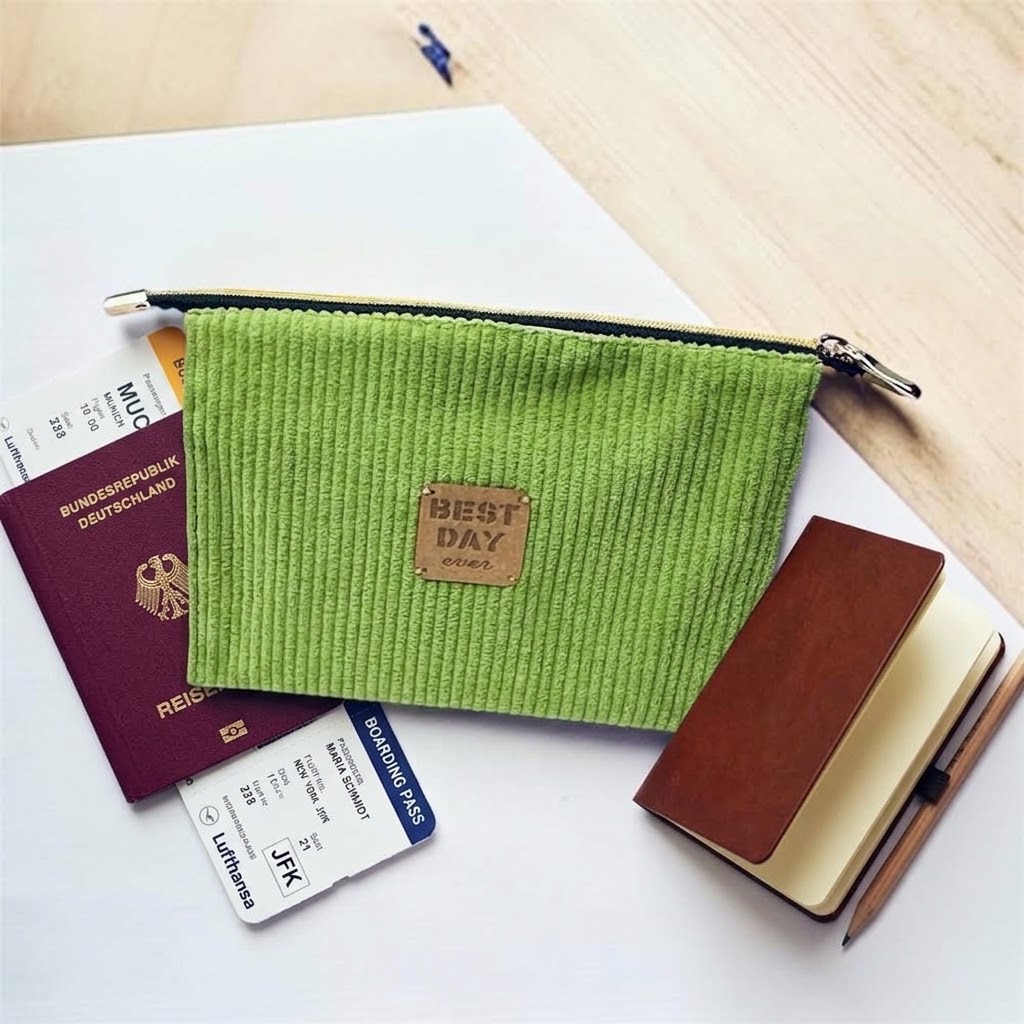 Eine grüne Cordtasche mit einem schwarzen Reißverschluss liegt auf einer weißen Unterlage. Links neben der Tasche liegt ein deutscher Reisepass in dem ein Boradingpass für eine Lufthansaflug liegt. Rechts neben der Tasche liegt ein kleines Notizbuch mit einem Bleistift.