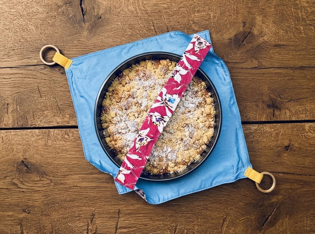 Auf einer Holzunterlage liegt ein großes blaues Viereck aus Stoff. An zwei gegenüberliegenden Ecken sind an zwei gelben Laschen jeweils ein Holzring befestigt. Auf dem Viereck steht eine Kuchenform in der sich ein Streuselkuchen befindet. Über der Kuchenform liegt ein Stoffstreifen als Henkel. Das Ganze ist eine Kuchentragetasche.